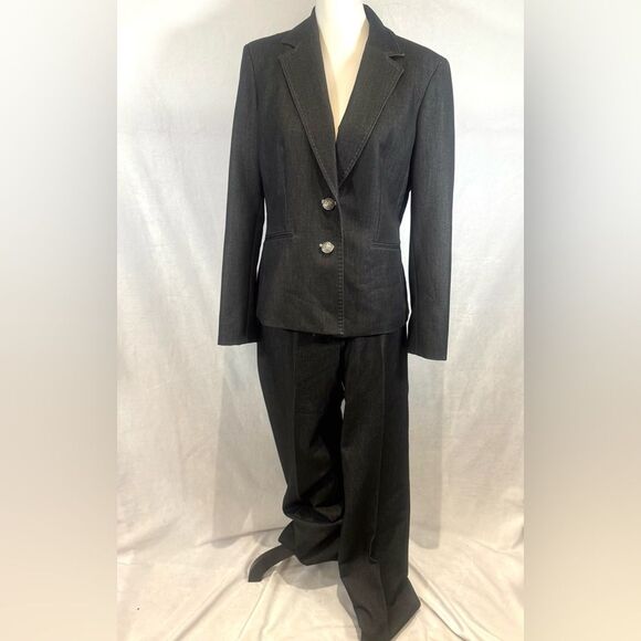 Kasper vintage denim look open stitch 2 piece blazer trouser pantsuit size 8 - Picture 2 of 10